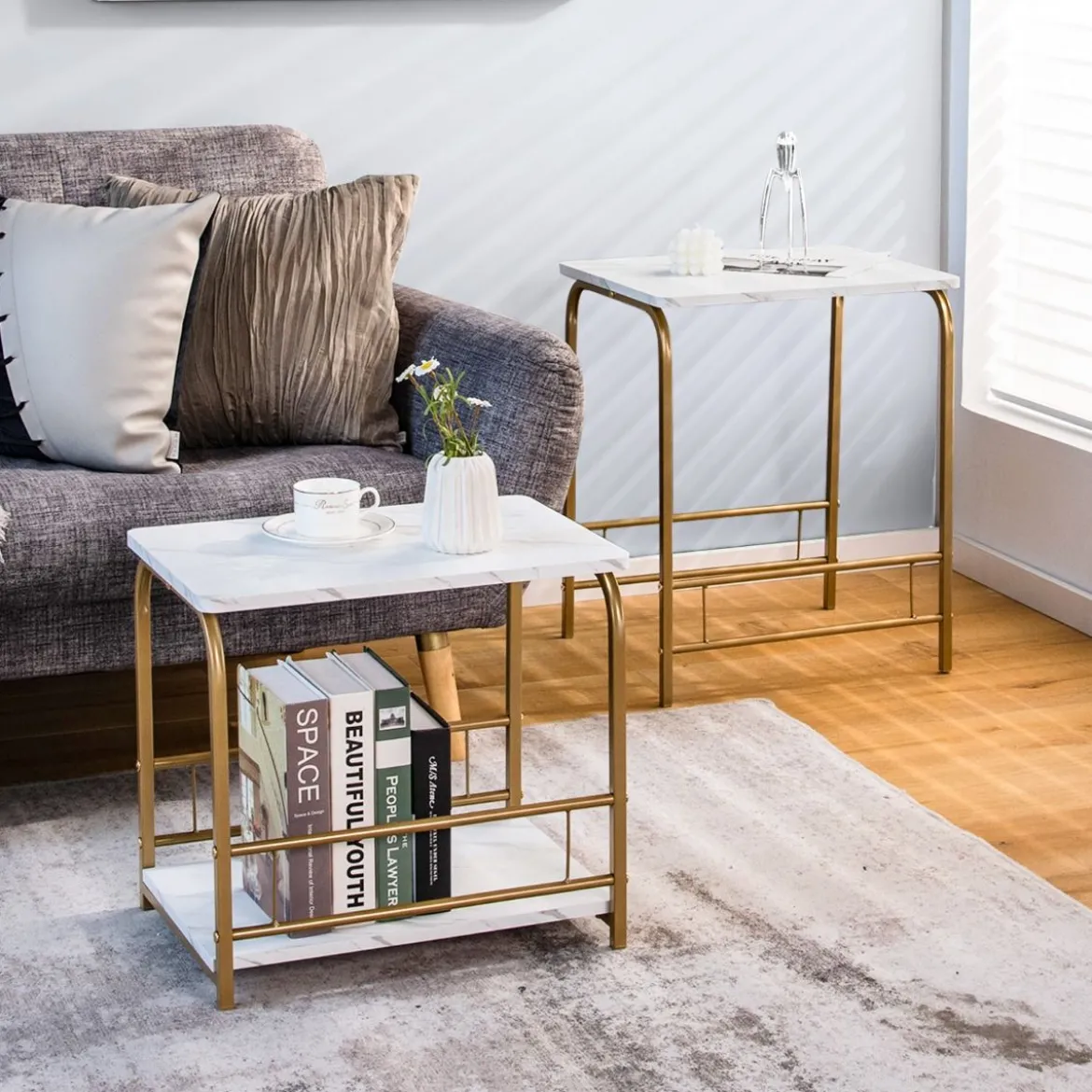 Moderner 2er Couchtisch Set Marmor Optik mit goldenen Beinen Weiß & Golden