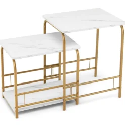 Moderner 2er Couchtisch Set Marmor Optik mit goldenen Beinen Weiß & Golden