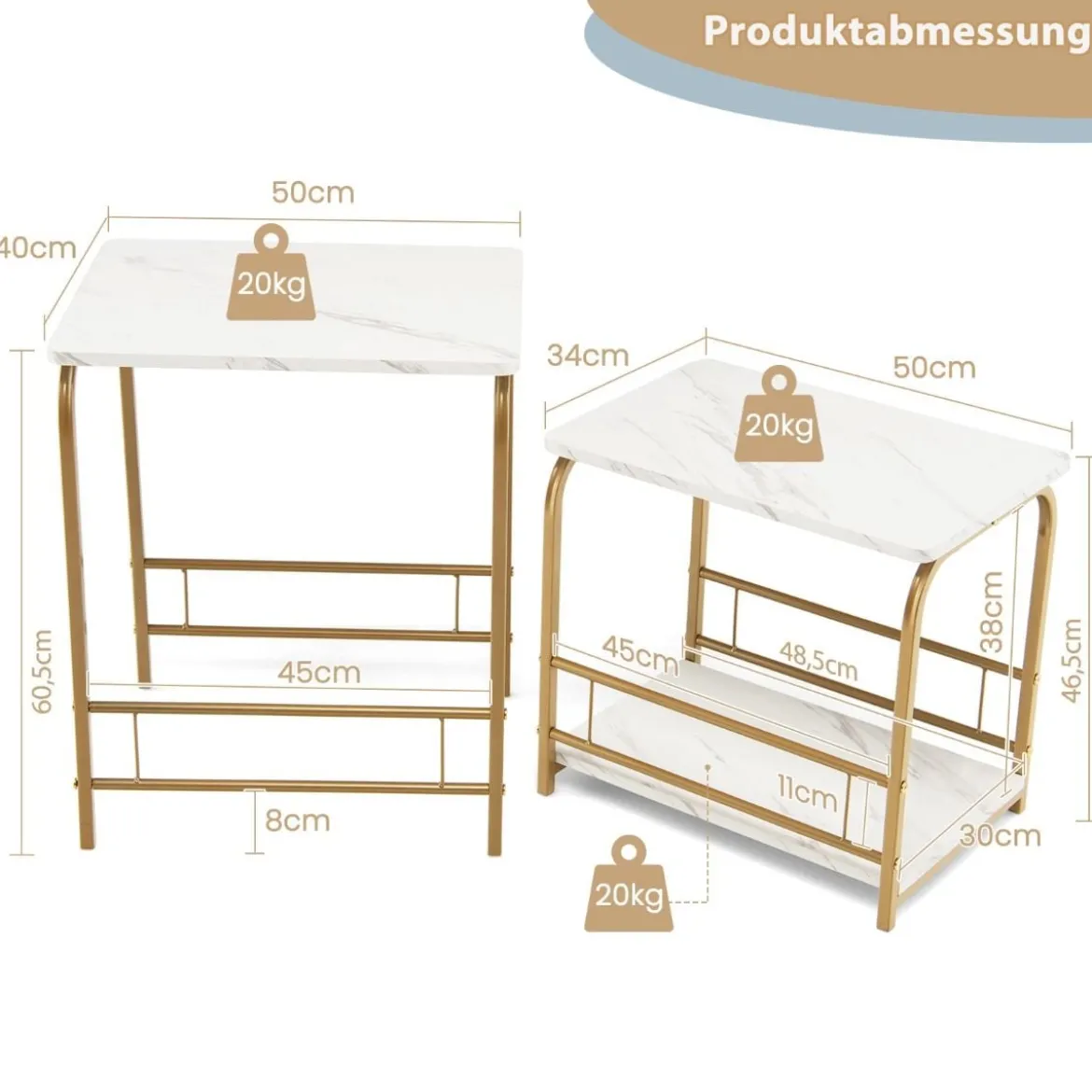 Moderner 2er Couchtisch Set Marmor Optik mit goldenen Beinen Weiß & Golden