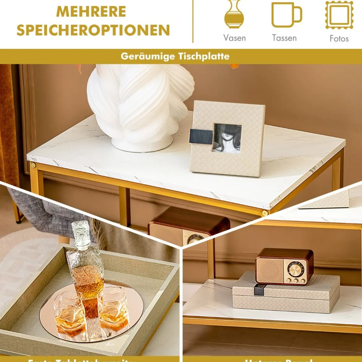 Moderner 2er Satztisch Set Marmor Optik für Frei Kombination 45 x 40 x 58 cm Weiß + Grau