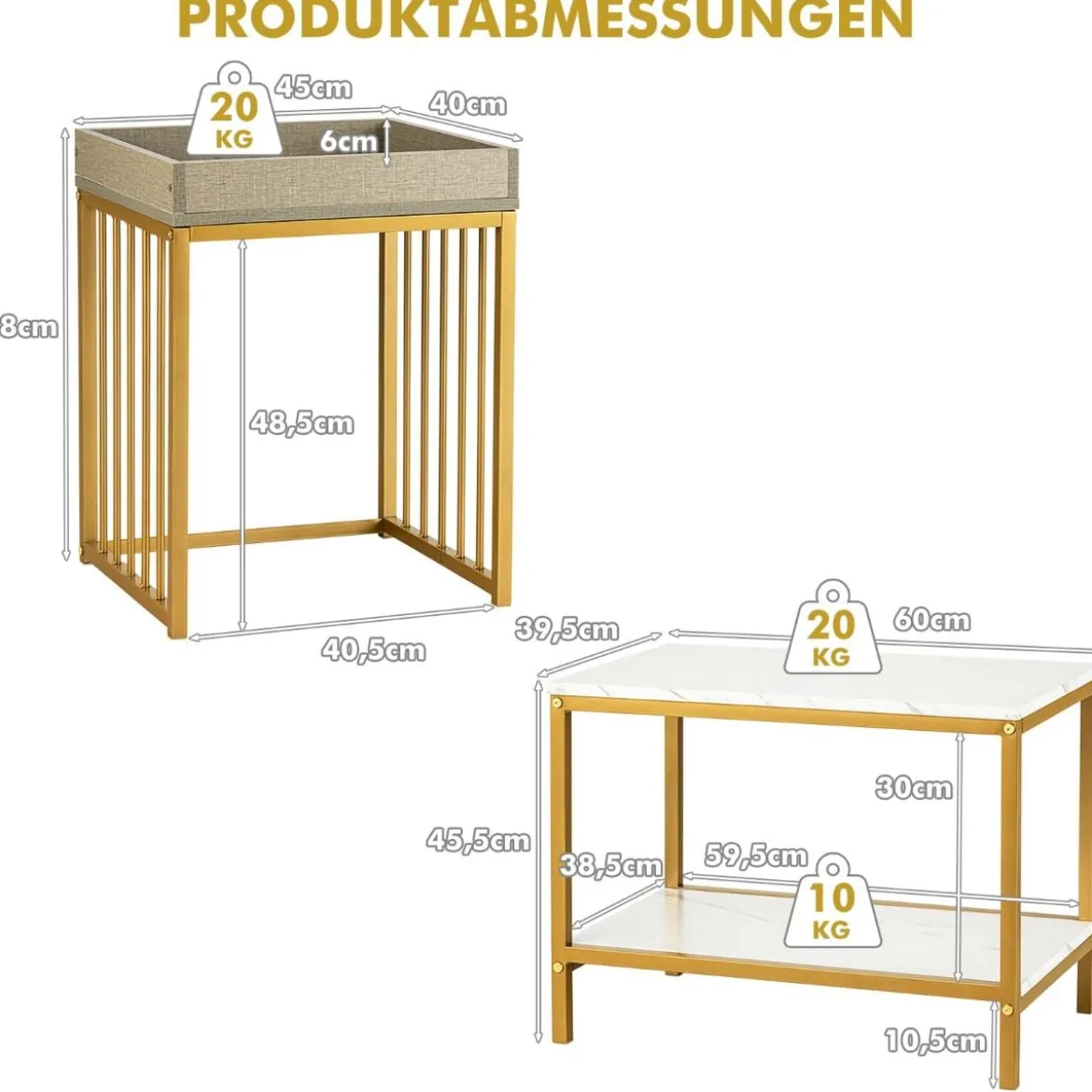 Moderner 2er Satztisch Set Marmor Optik für Frei Kombination 45 x 40 x 58 cm Weiß + Grau