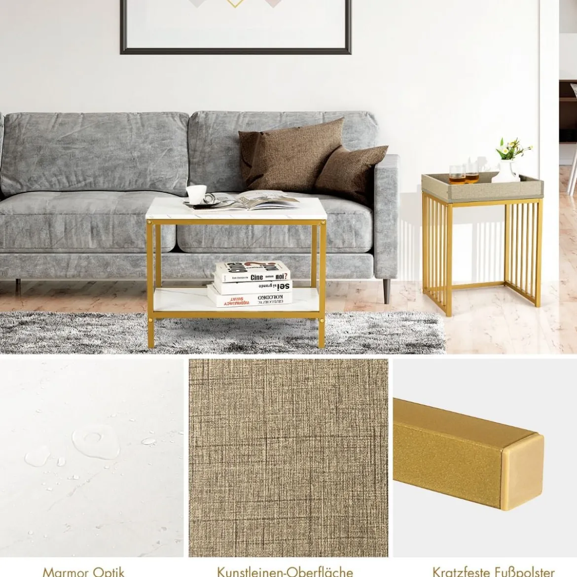 Moderner 2er Satztisch Set Marmor Optik für Frei Kombination 45 x 40 x 58 cm Weiß + Grau