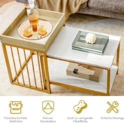 Moderner 2er Satztisch Set Marmor Optik für Frei Kombination 45 x 40 x 58 cm Weiß + Grau