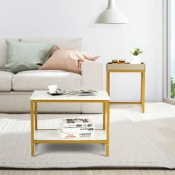 Moderner 2er Satztisch Set Marmor Optik für Frei Kombination 45 x 40 x 58 cm Weiß + Grau