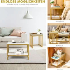 Moderner 2er Satztisch Set Marmor Optik für Frei Kombination 45 x 40 x 58 cm Weiß + Grau