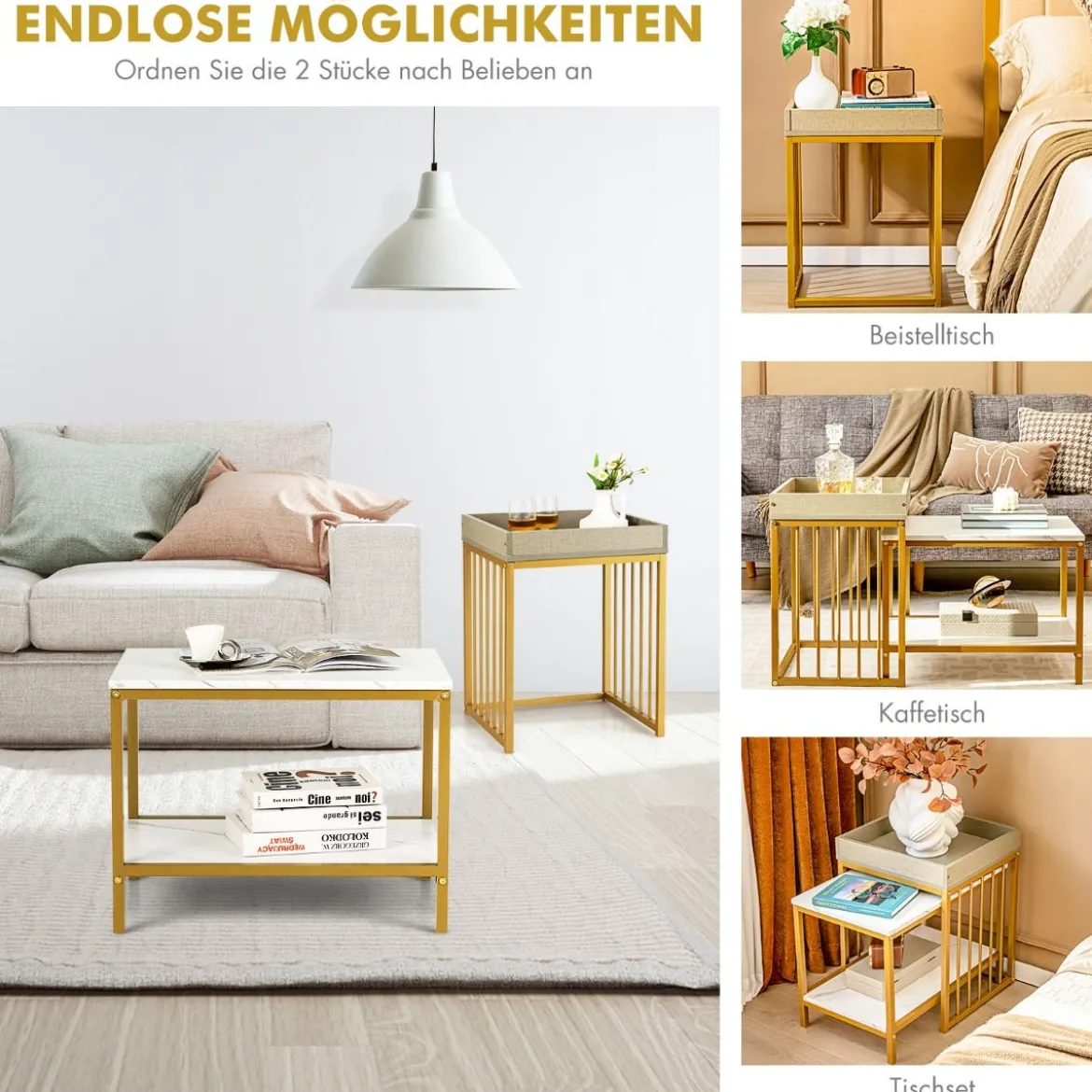 Moderner 2er Satztisch Set Marmor Optik für Frei Kombination 45 x 40 x 58 cm Weiß + Grau