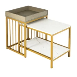 Moderner 2er Satztisch Set Marmor Optik für Frei Kombination 45 x 40 x 58 cm Weiß + Grau