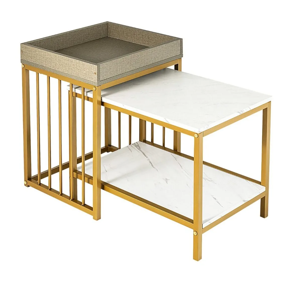 Moderner 2er Satztisch Set Marmor Optik für Frei Kombination 45 x 40 x 58 cm Weiß + Grau