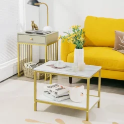 Moderner 2er Set Couchtisch mit Schublade & Regal in Marmoroptikfür Wohn- / Schlafzimmer Weiß + Grau