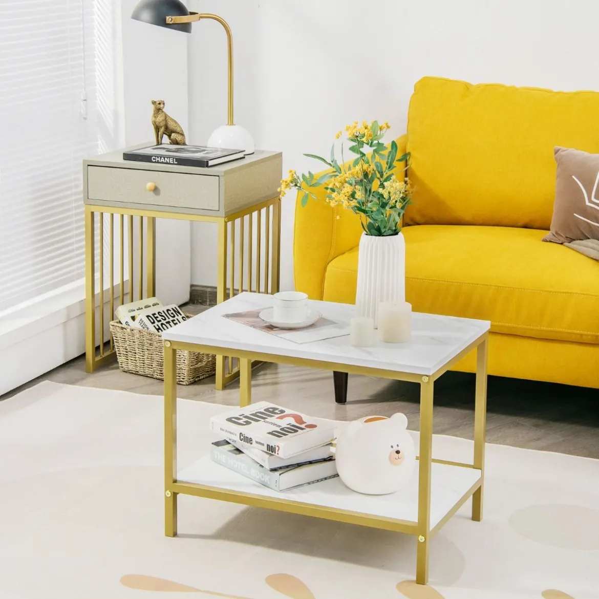 Moderner 2er Set Couchtisch mit Schublade & Regal in Marmoroptikfür Wohn- / Schlafzimmer Weiß + Grau