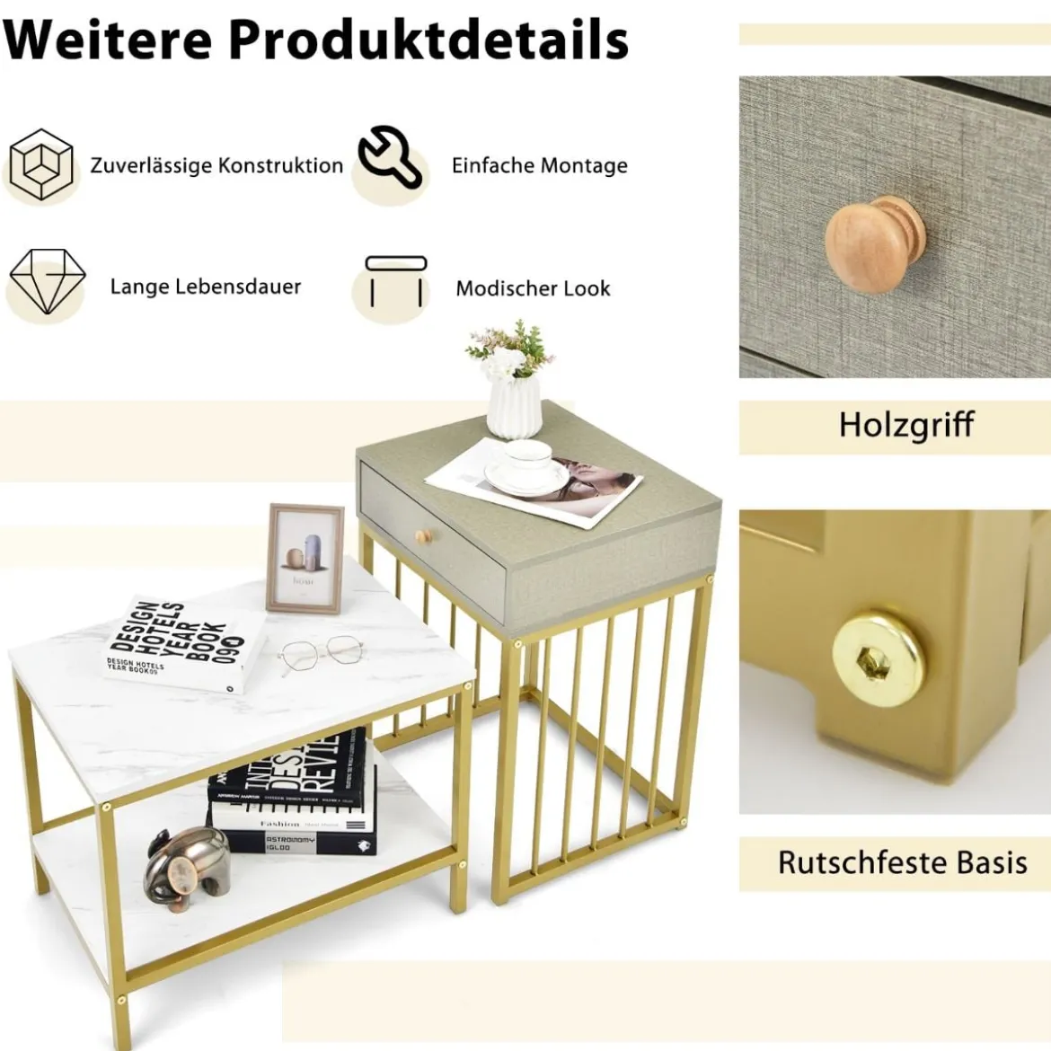 Moderner 2er Set Couchtisch mit Schublade & Regal in Marmoroptikfür Wohn- / Schlafzimmer Weiß + Grau