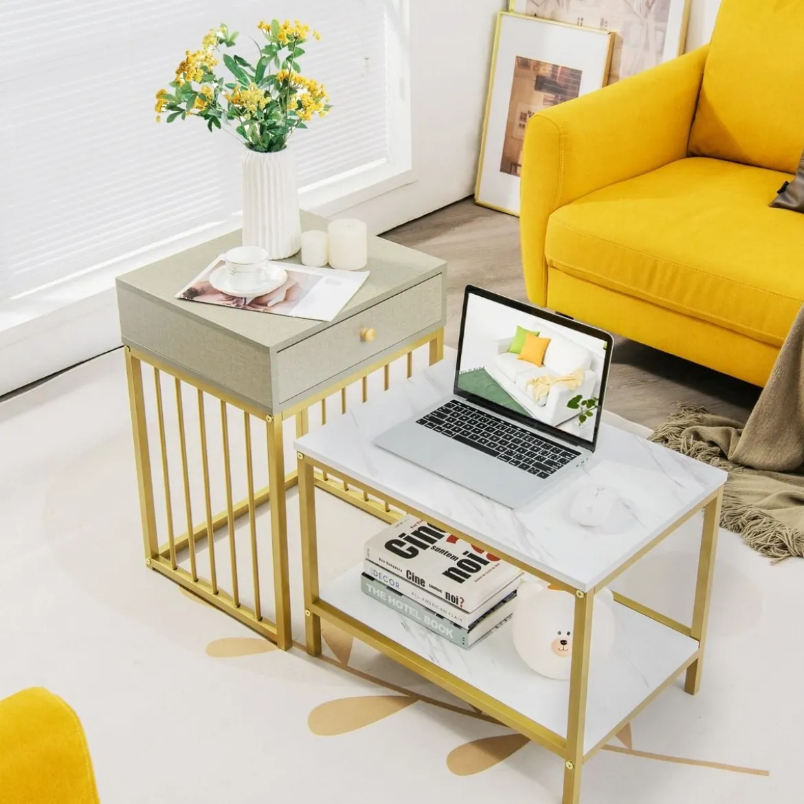 Moderner 2er Set Couchtisch mit Schublade & Regal in Marmoroptikfür Wohn- / Schlafzimmer Weiß + Grau