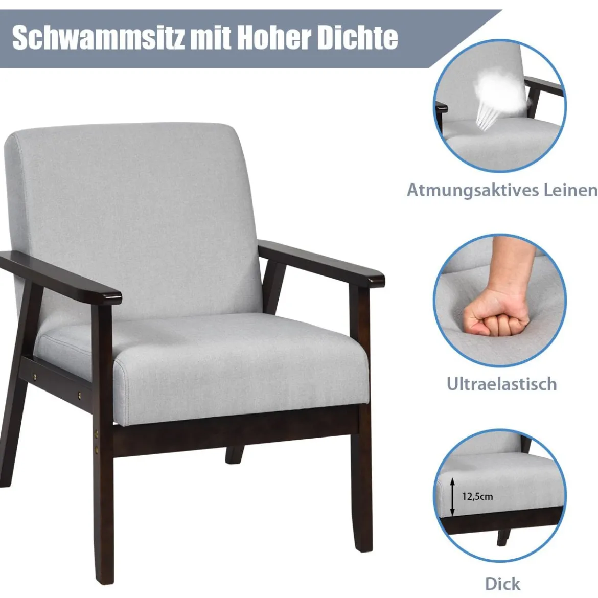 Moderner Esszimmerstuhl gepolsterter Akzentstuhl mit Beinen aus Kautschukholz Hellgrau