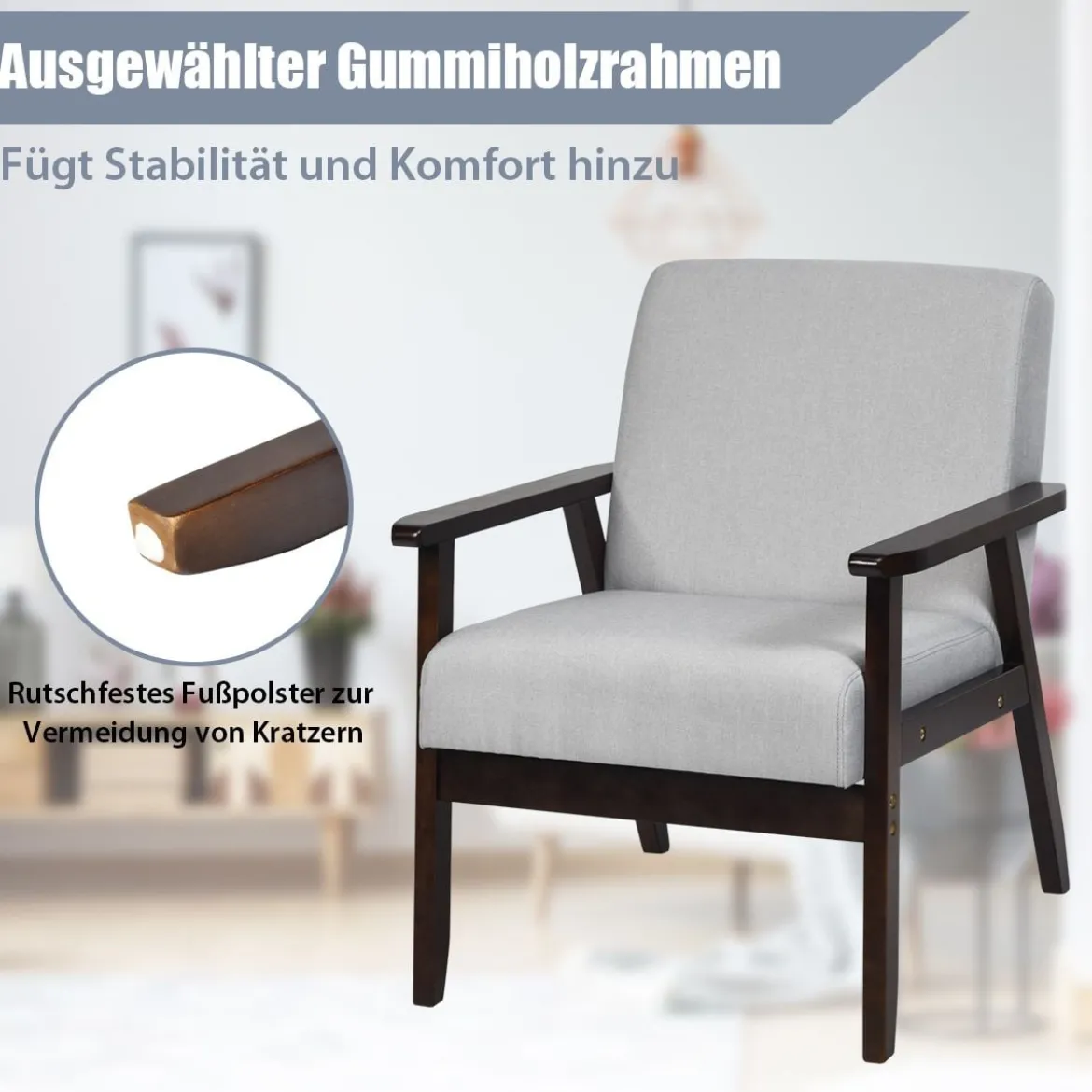 Moderner Esszimmerstuhl gepolsterter Akzentstuhl mit Beinen aus Kautschukholz Hellgrau