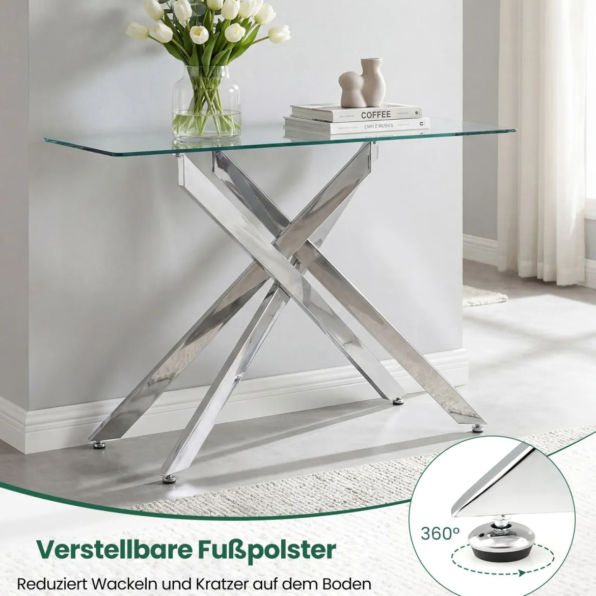 Moderner Glastisch mit Klarem Hartglastischplatte & Robusten Metalbeinen Konsolentisch Silber