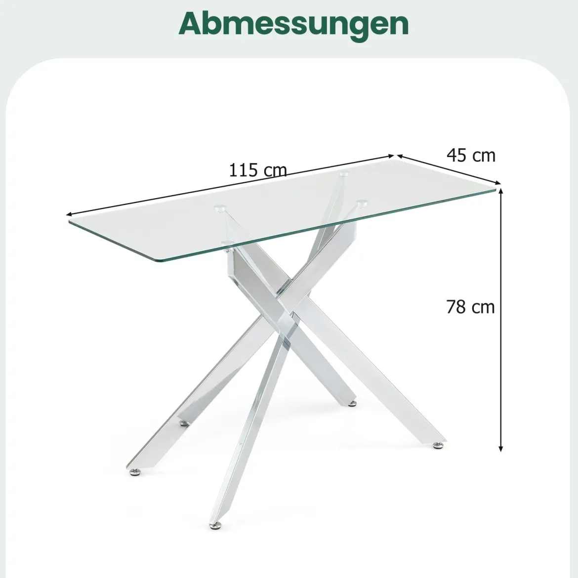 Moderner Glastisch mit Klarem Hartglastischplatte & Robusten Metalbeinen Konsolentisch Silber