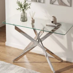 Moderner Glastisch mit Klarem Hartglastischplatte & Robusten Metalbeinen Konsolentisch Silber