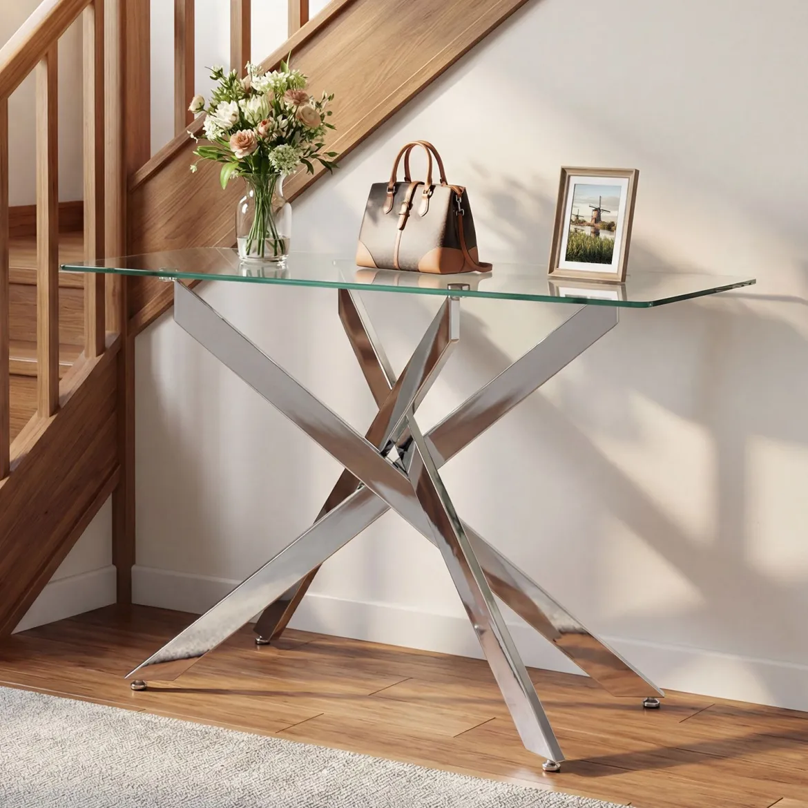 Moderner Glastisch mit Klarem Hartglastischplatte & Robusten Metalbeinen Konsolentisch Silber