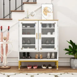 Moderner Holz Schuhschrank mit Mesh Türen & Metallbeinen & Verstellbaren Regalen Weiß