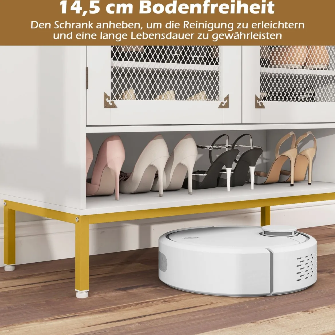 Moderner Holz Schuhschrank mit Maschentüren & Verstellbaren Regalen & Metallbeinen Weiß