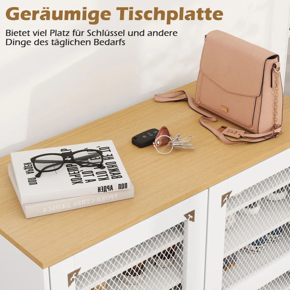 Moderner Holz Schuhschrank mit Maschentüren & Verstellbaren Regalen & Metallbeinen Weiß