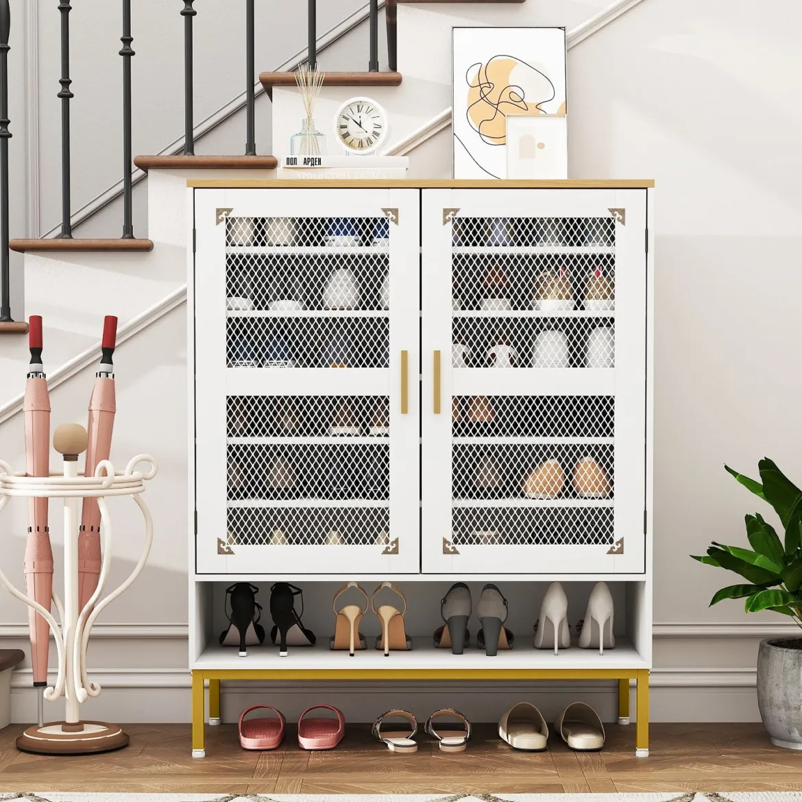 Moderner Holz Schuhschrank mit Maschentüren & Verstellbaren Regalen & Metallbeinen Weiß