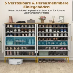 Moderner Holz Schuhschrank mit Maschentüren & Verstellbaren Regalen & Metallbeinen Weiß
