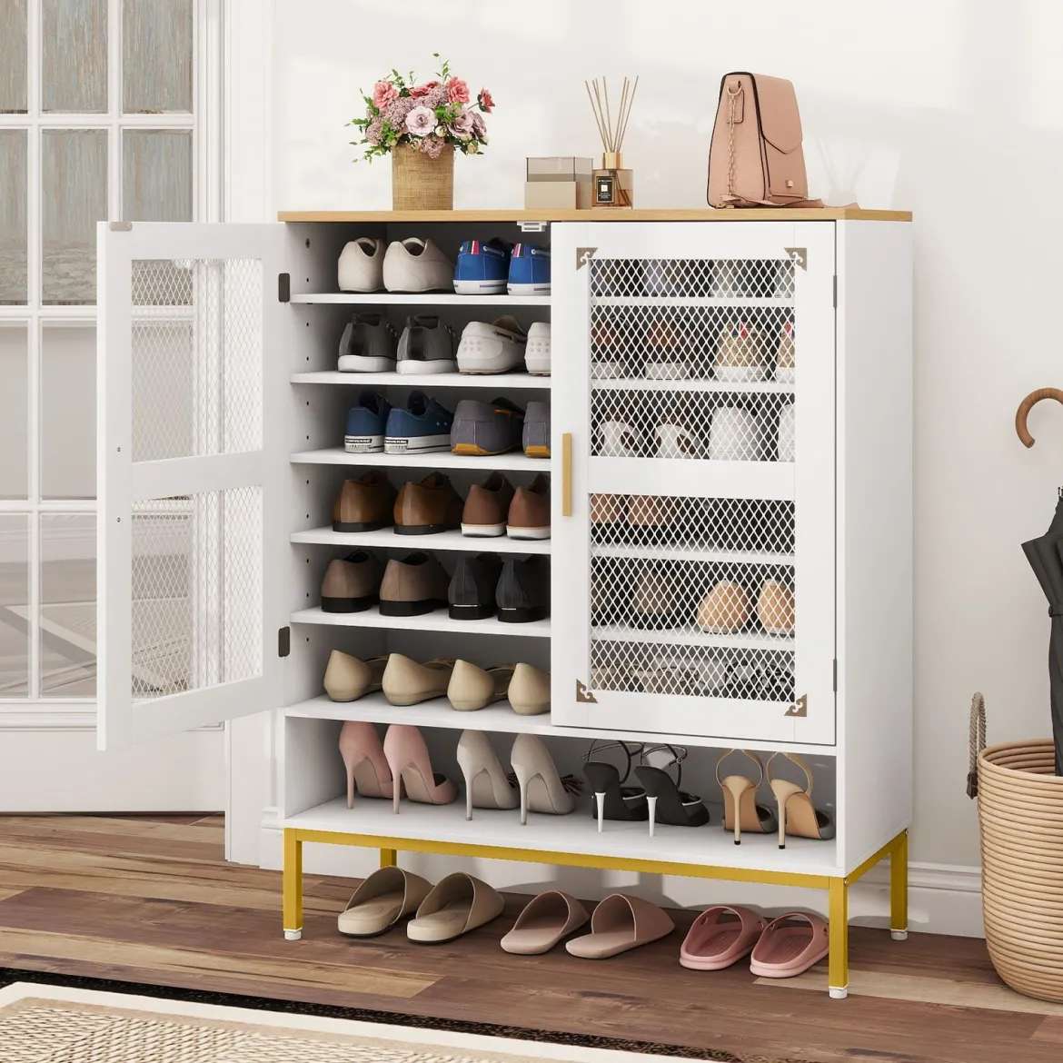 Moderner Holz Schuhschrank mit Maschentüren & Verstellbaren Regalen & Metallbeinen Weiß