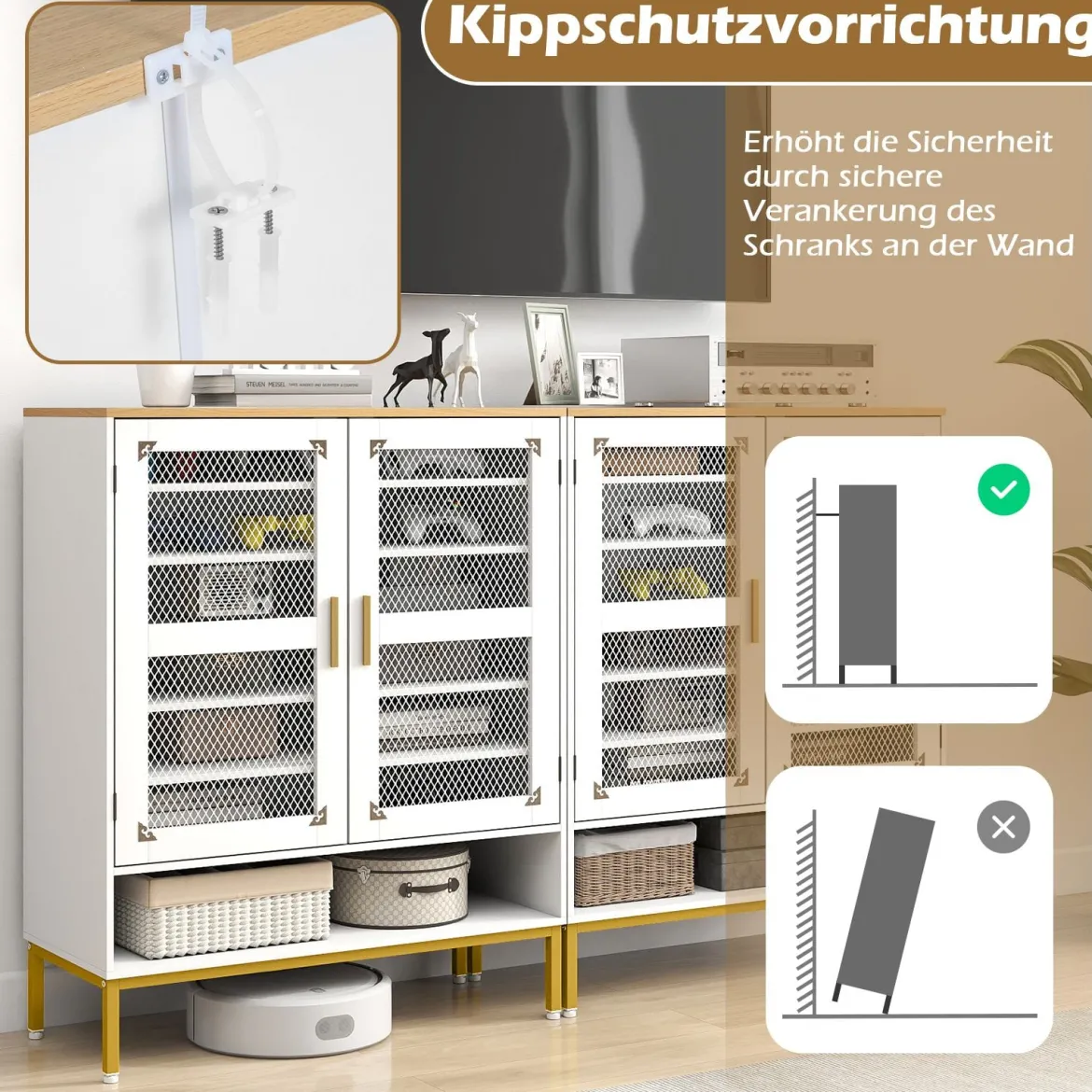 Moderner Holz Schuhschrank mit Maschentüren & Verstellbaren Regalen & Metallbeinen Weiß