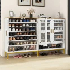 Moderner Holz Schuhschrank mit Maschentüren & Verstellbaren Regalen & Metallbeinen Weiß