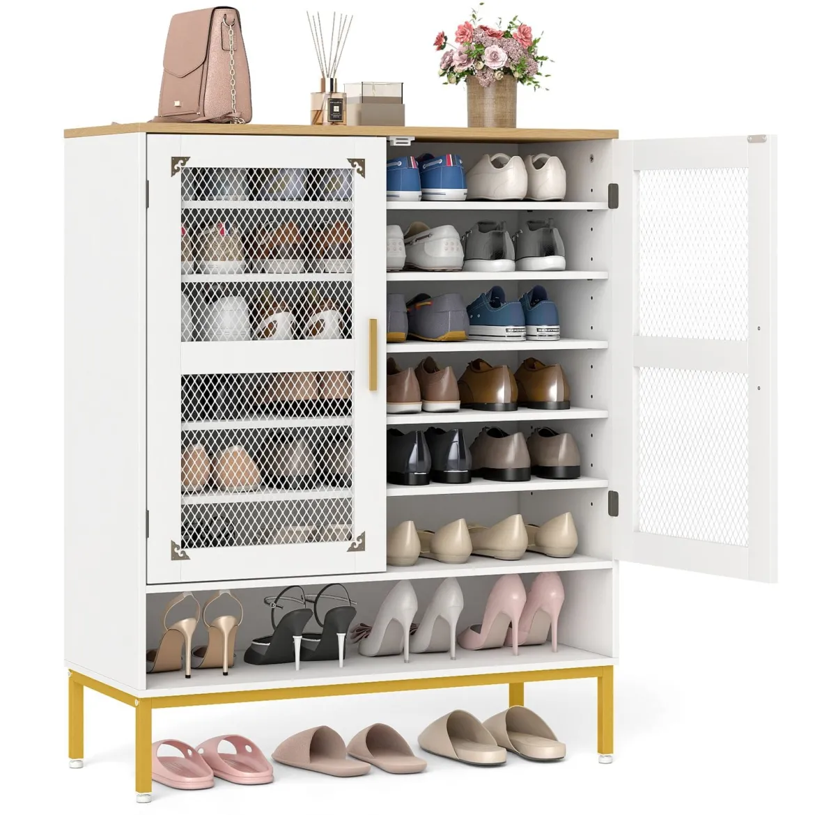 Moderner Holz Schuhschrank mit Maschentüren & Verstellbaren Regalen & Metallbeinen Weiß