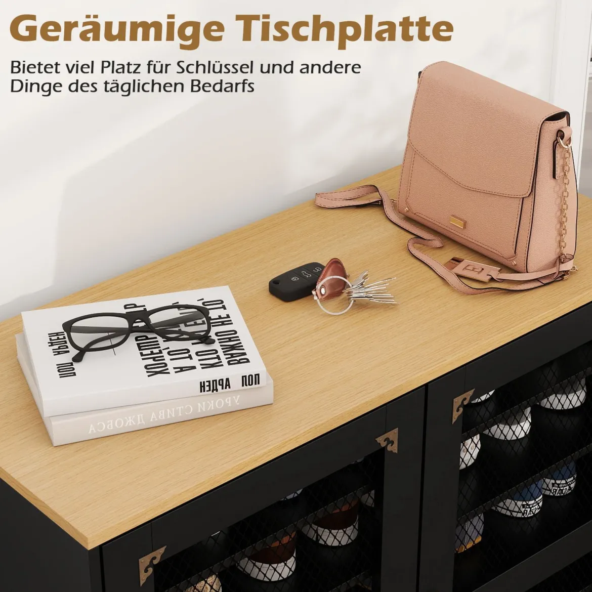 Moderner Holz Schuhschrank mit Maschentüren & Verstellbaren Regalen & Metallbeinen Schwarz