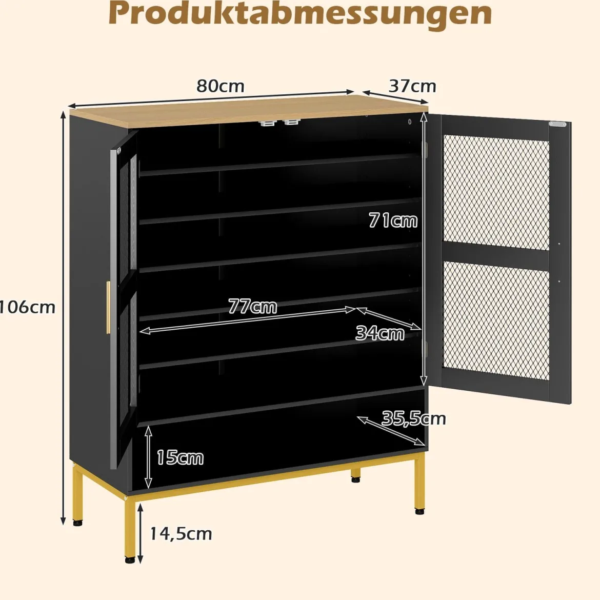 Moderner Holz Schuhschrank mit Maschentüren & Verstellbaren Regalen & Metallbeinen Schwarz
