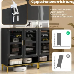 Moderner Holz Schuhschrank mit Maschentüren & Verstellbaren Regalen & Metallbeinen Schwarz