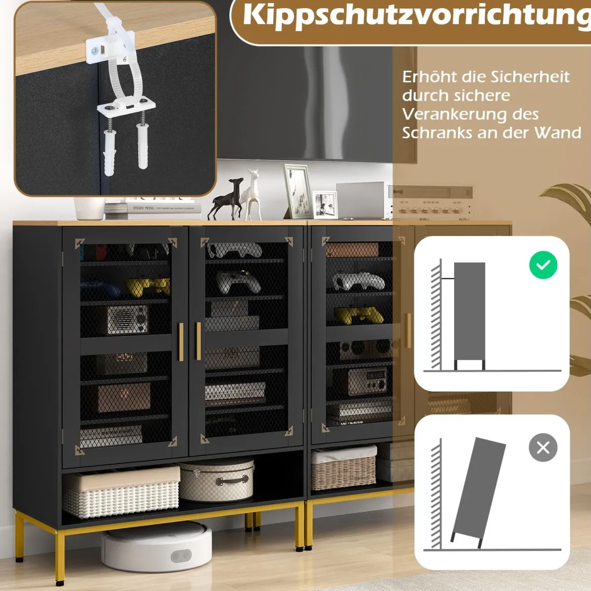 Moderner Holz Schuhschrank mit Maschentüren & Verstellbaren Regalen & Metallbeinen Schwarz