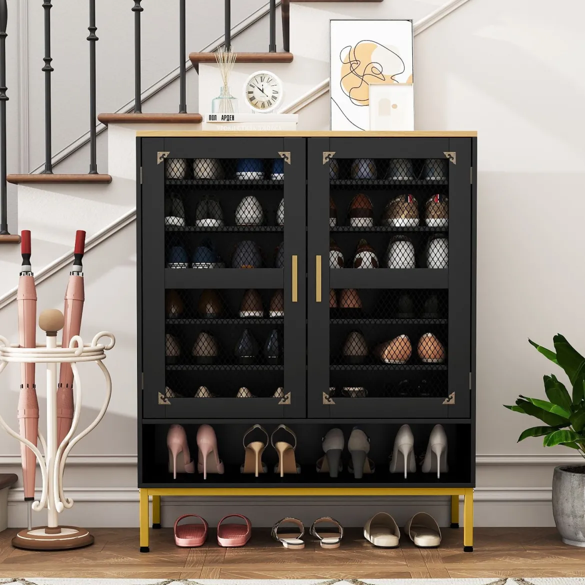 Moderner Holz Schuhschrank mit Maschentüren & Verstellbaren Regalen & Metallbeinen Schwarz