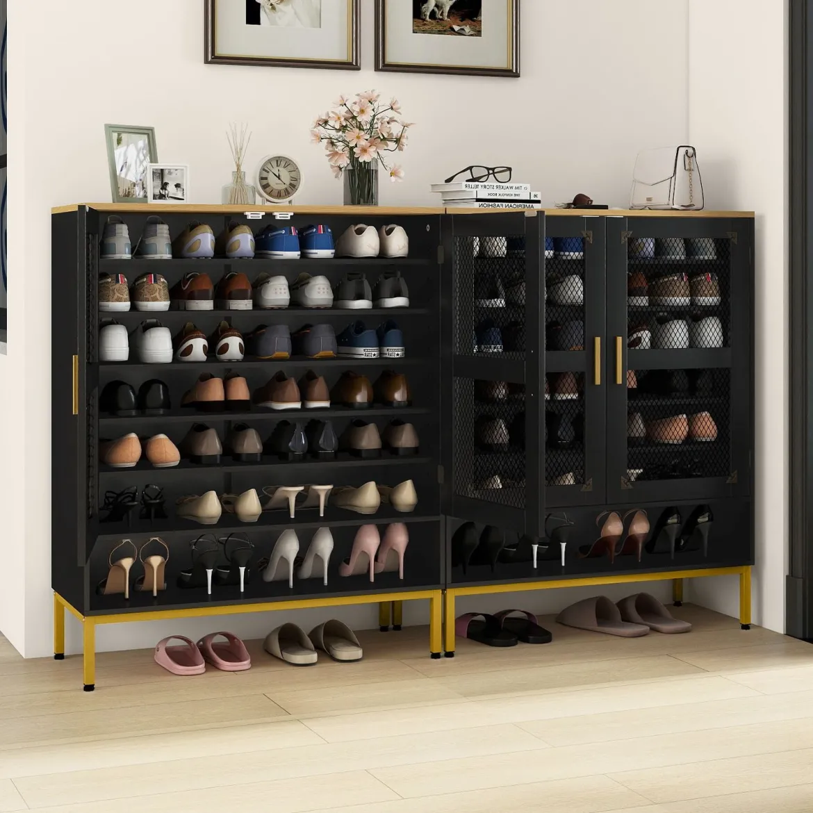 Moderner Holz Schuhschrank mit Maschentüren & Verstellbaren Regalen & Metallbeinen Schwarz