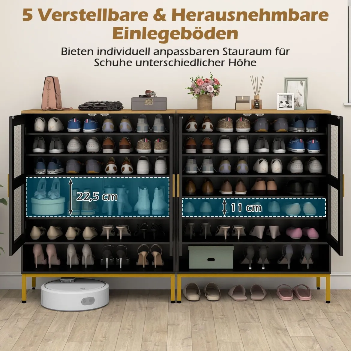 Moderner Holz Schuhschrank mit Maschentüren & Verstellbaren Regalen & Metallbeinen Schwarz