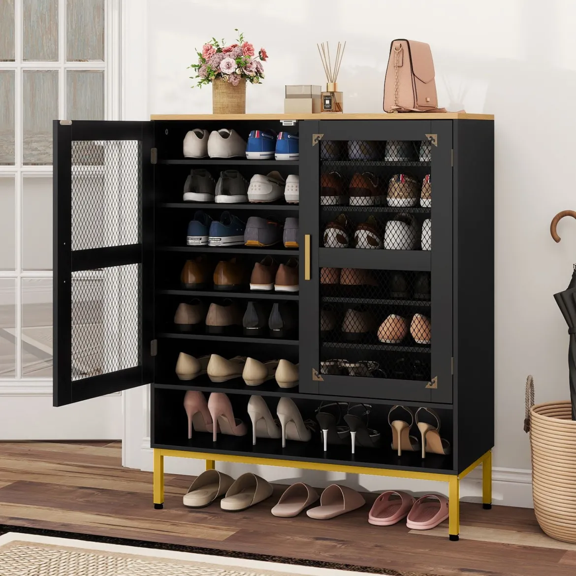 Moderner Holz Schuhschrank mit Maschentüren & Verstellbaren Regalen & Metallbeinen Schwarz