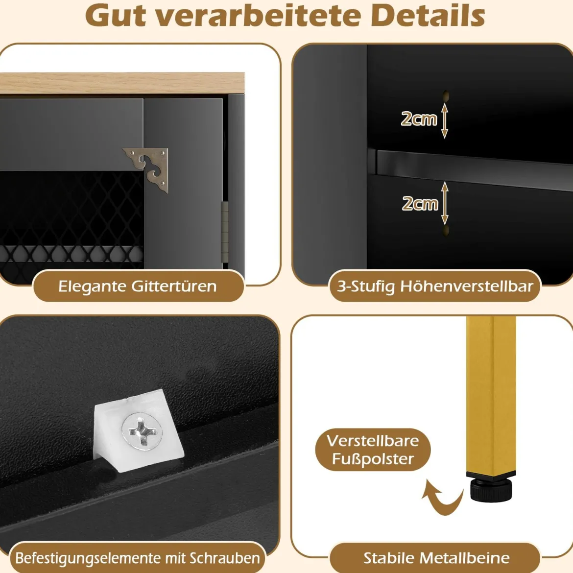 Moderner Holz Schuhschrank mit Maschentüren & Verstellbaren Regalen & Metallbeinen Schwarz
