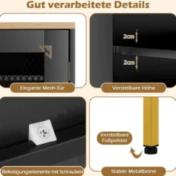 Moderner Holz Schuhschrank mit Mesh Türen & Metallbeinen & Verstellbaren Regalen Schwarz