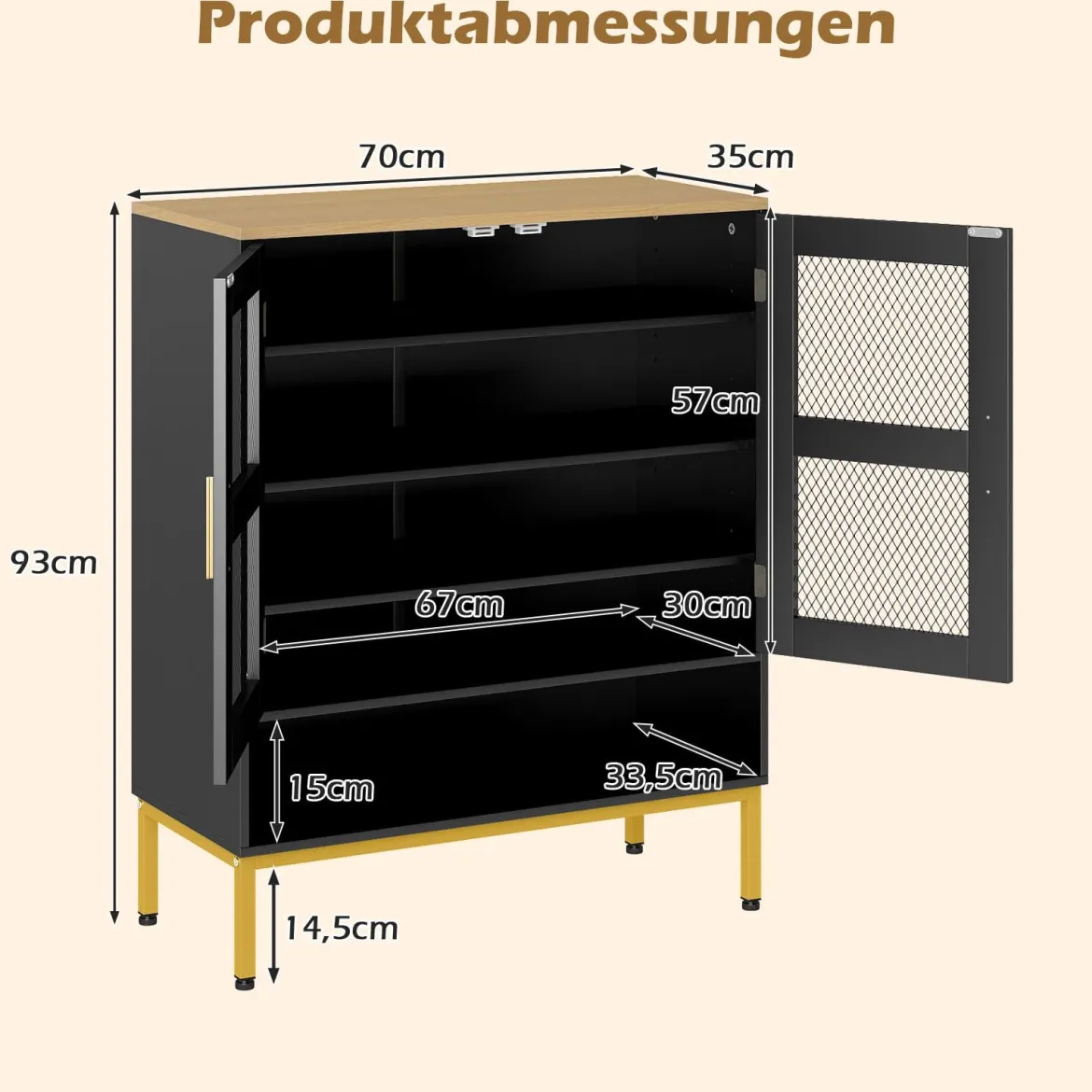 Moderner Holz Schuhschrank mit Mesh Türen & Metallbeinen & Verstellbaren Regalen Schwarz