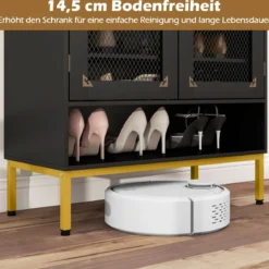 Moderner Holz Schuhschrank mit Mesh Türen & Metallbeinen & Verstellbaren Regalen Schwarz