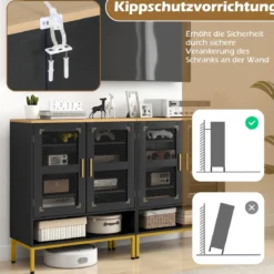 Moderner Holz Schuhschrank mit Mesh Türen & Metallbeinen & Verstellbaren Regalen Schwarz