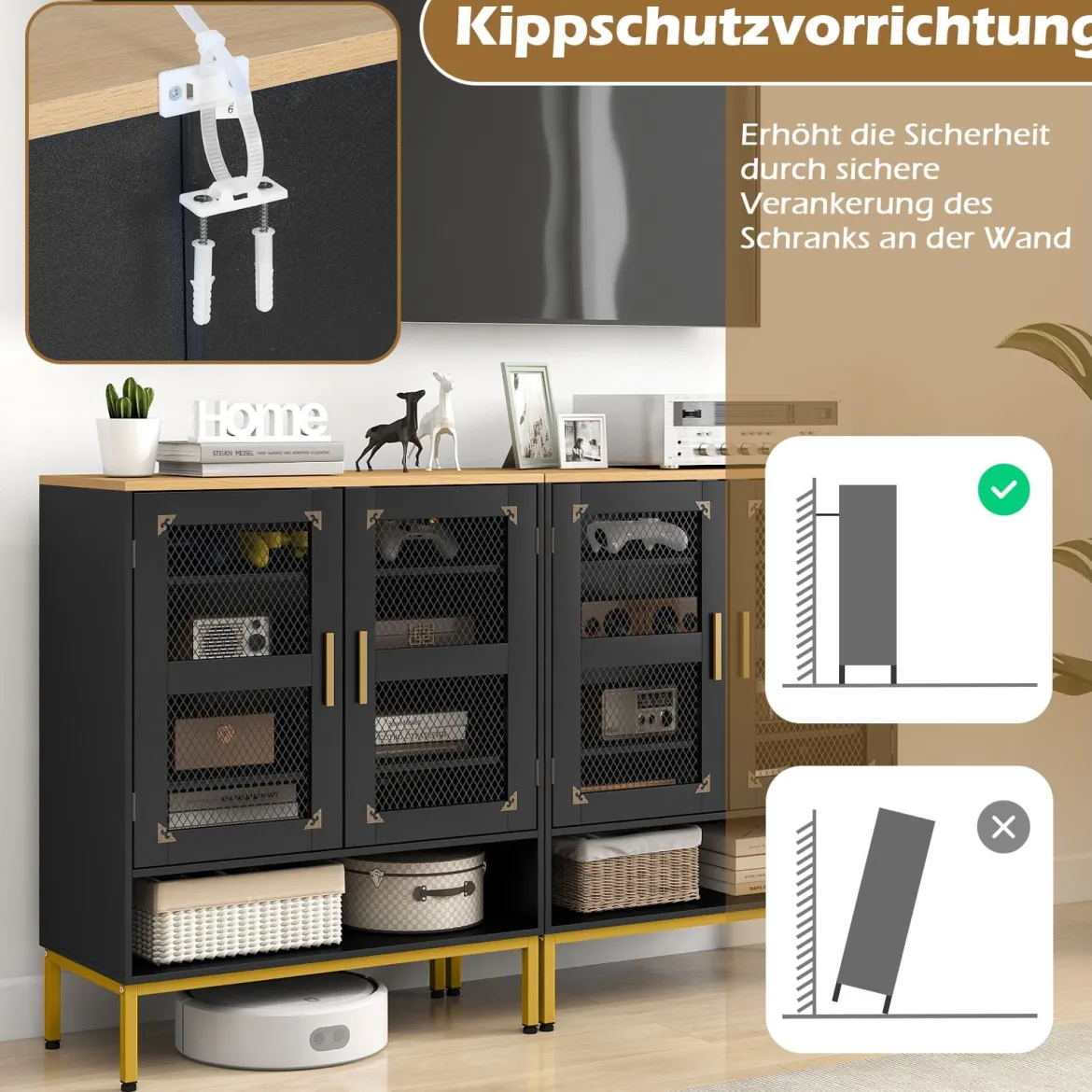 Moderner Holz Schuhschrank mit Mesh Türen & Metallbeinen & Verstellbaren Regalen Schwarz
