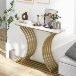 Moderner Konsolentisch mit Weißer Kunstmarmor Tischplatte & Geometrischen Metallbeinen Eingangstisch