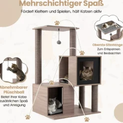Moderner Kratzbaum für Innenkatzen 94 cm mehrstöckiger Holzturm mit Sisal-Kratzpfosten Grau