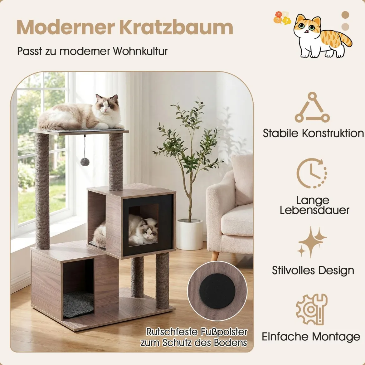 Moderner Kratzbaum für Innenkatzen 94 cm mehrstöckiger Holzturm mit Sisal-Kratzpfosten Grau