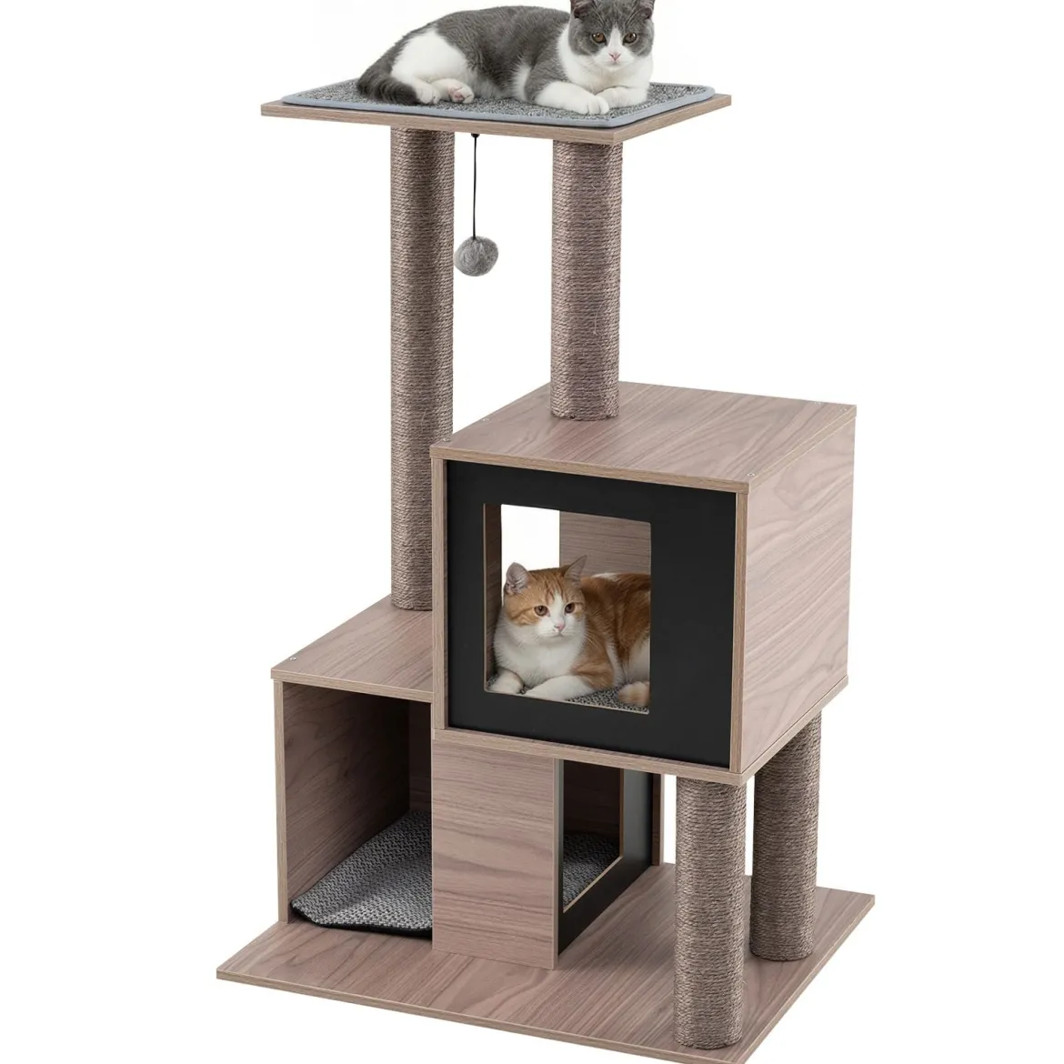 Moderner Kratzbaum für Innenkatzen 94 cm mehrstöckiger Holzturm mit Sisal-Kratzpfosten Grau