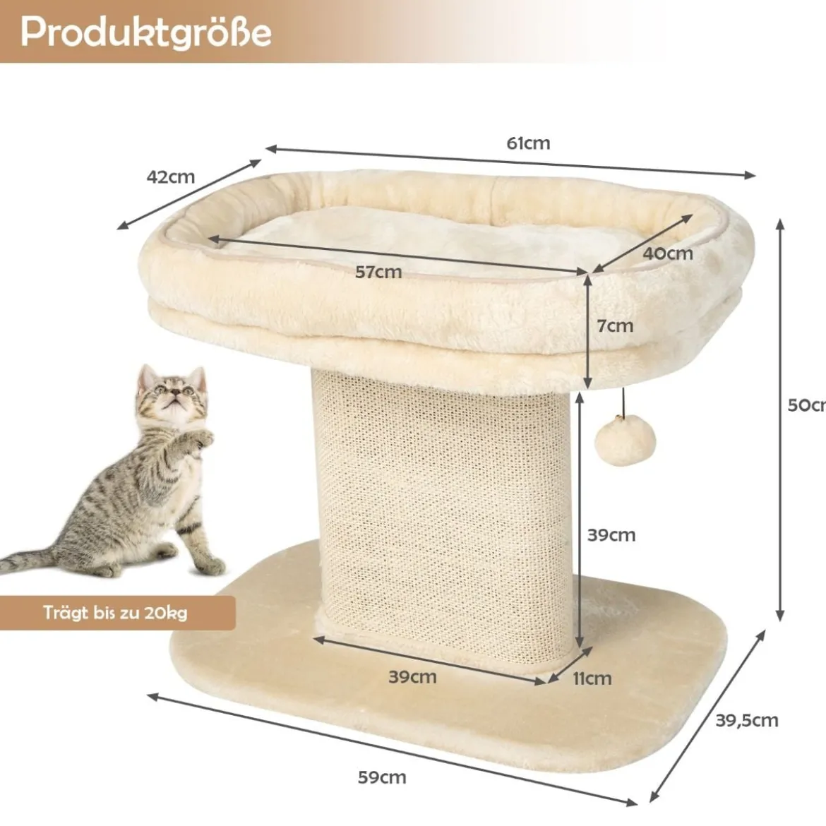 Moderner Kratzbaum Katzenmöbel mit großer Plüschsitzfläche & Sisal-Kratzplatte Beige